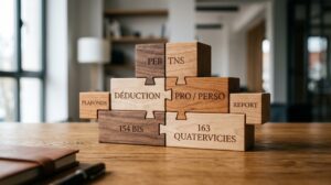 Blocs en bois s'emboîtant sur une table en chêne, symbolisant la stratégie d'imbrication des plafonds fiscaux PER.