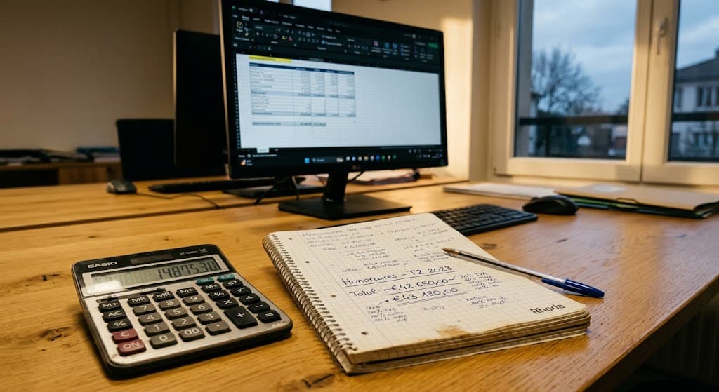Calcul manuscrit du plafond de déduction PER TNS sur le bureau d'un professionnel libéral