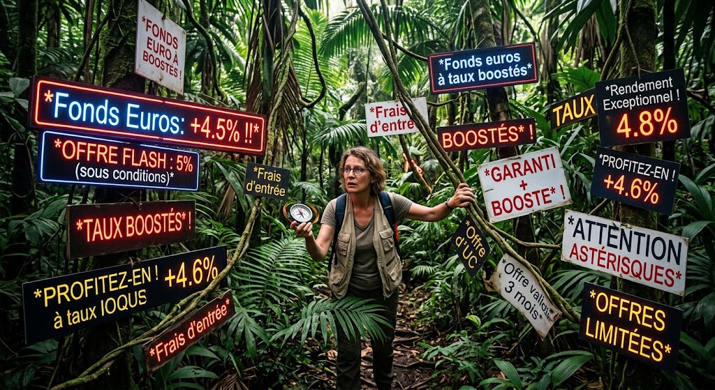 Une épargnante perdue au milieu d'une jungle tropicale dense, tenant une boussole. La végétation est couverte de panneaux et néons lumineux affichant des offres financières agressives et des taux boostés pour fonds euros.